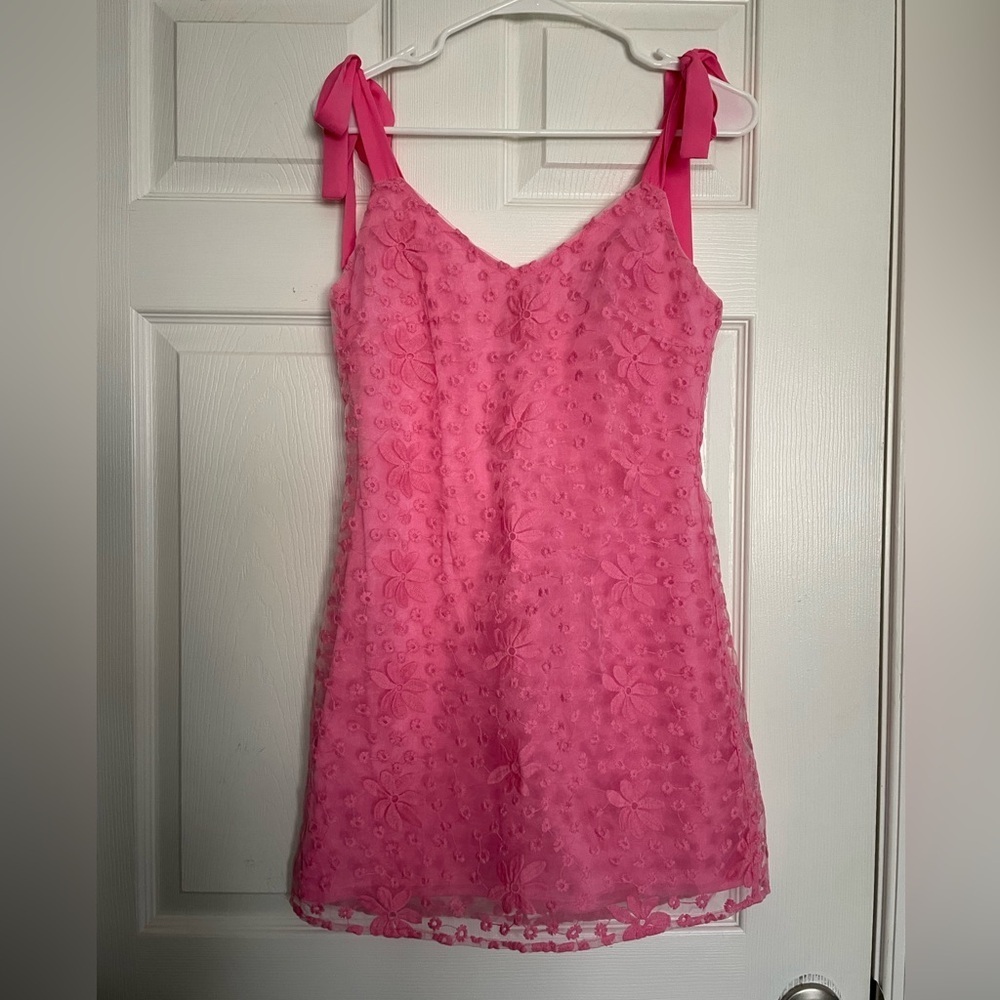 Blue Rain Vibrant Pink Embroidered Dress  with Bow Sleeves size small